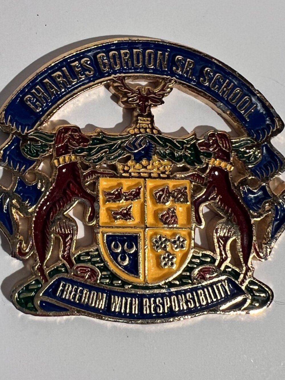 Vintage Charles Gordon Sr. School Crest Pin Crest Badge Freedom With Responsibil